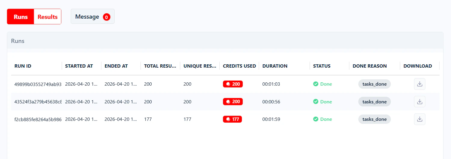 Done run shown in the Runs table with download available