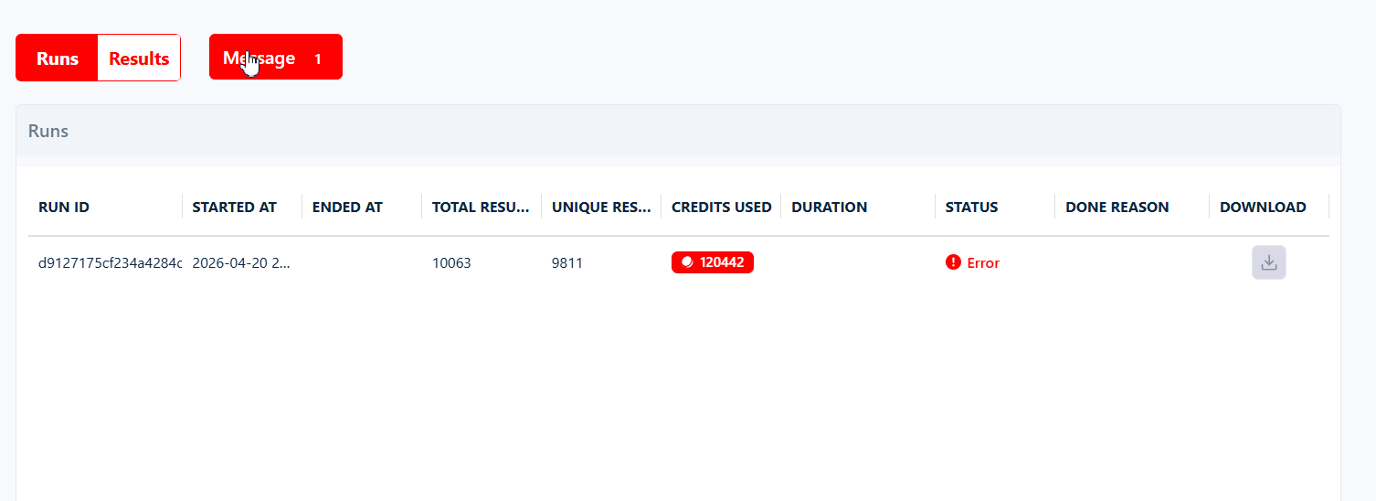 Clicking the Message button to view the error details