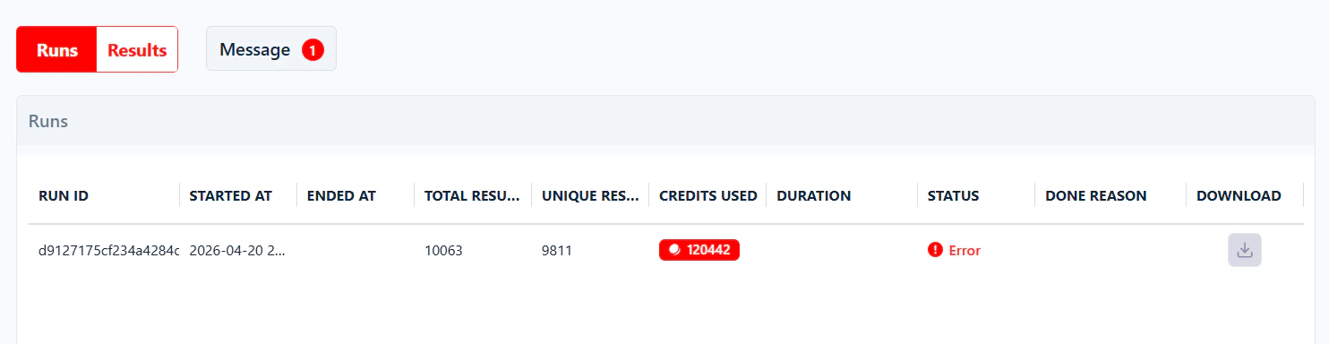 Error run shown in the Runs table with the Message button above