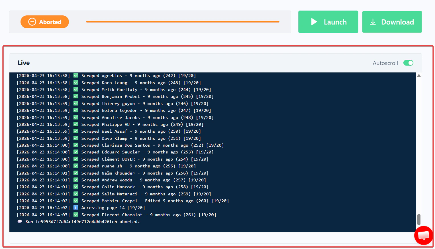 Logs tab of a run detail page showing the full live console output