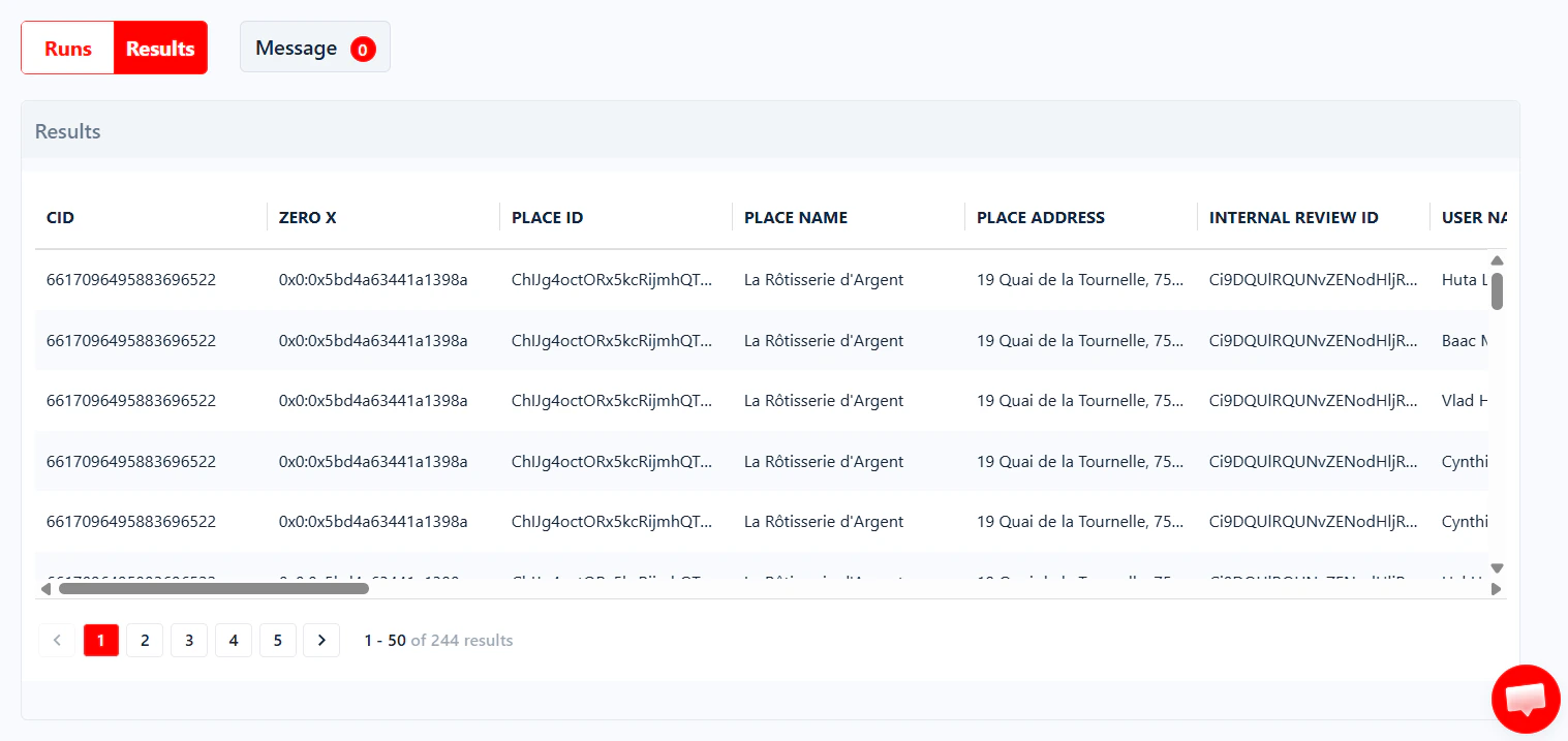 Results tab of a run detail page with paginated data preview