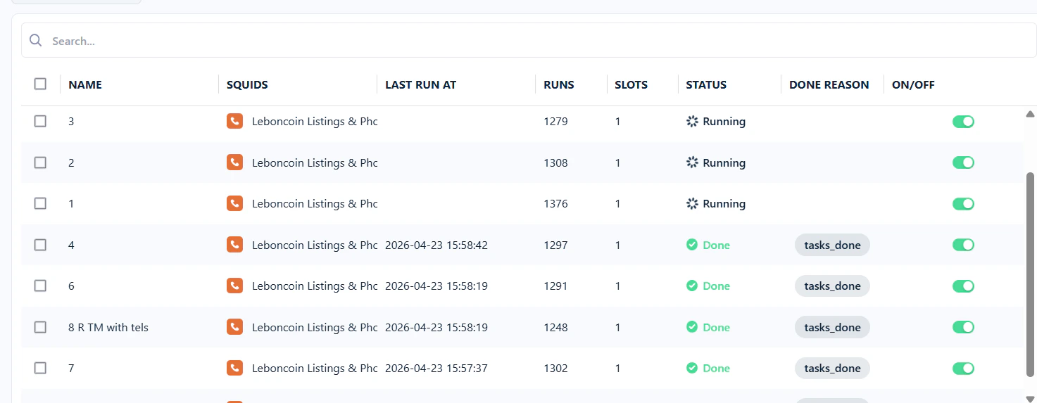 List of Squids on the dashboard showing the Status column with Running and Done statuses