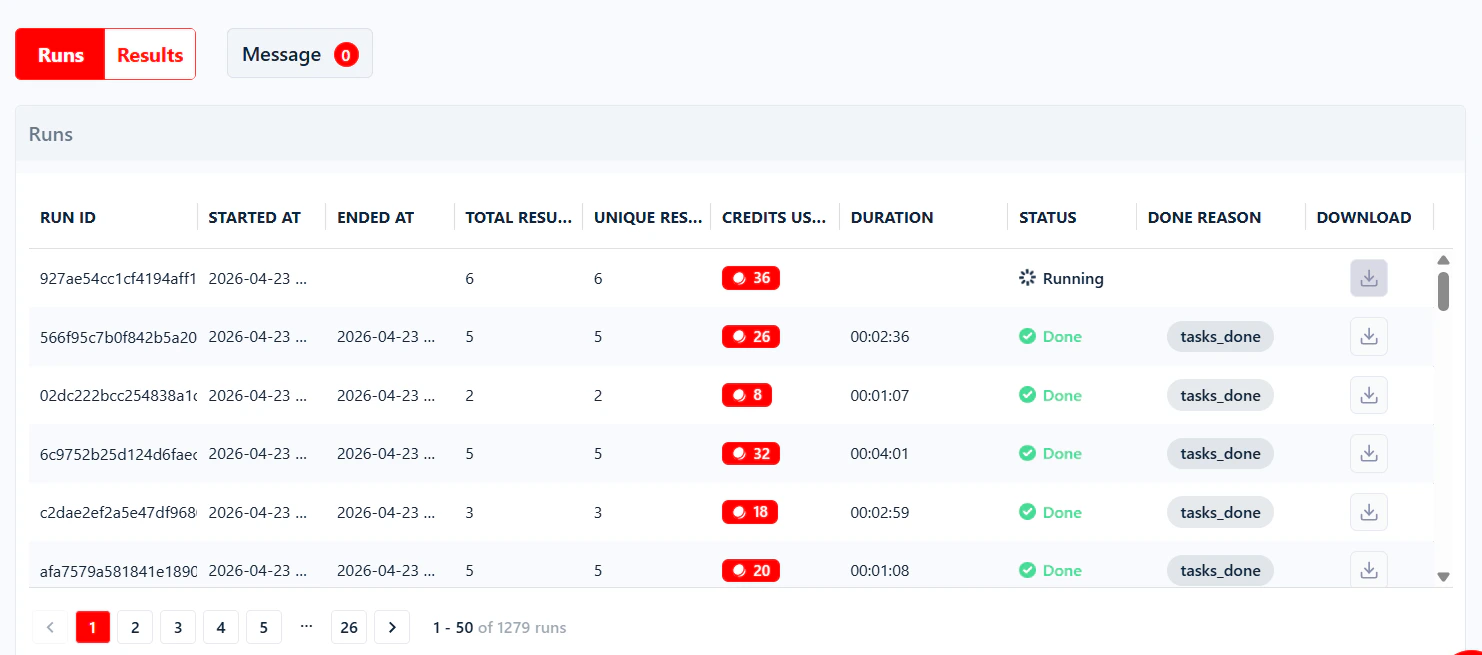 Runs table below the live console showing run ID, timestamps, credits used, status, and done reason