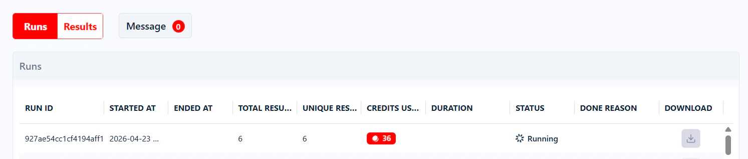 Running run shown in the Runs table with a progress bar