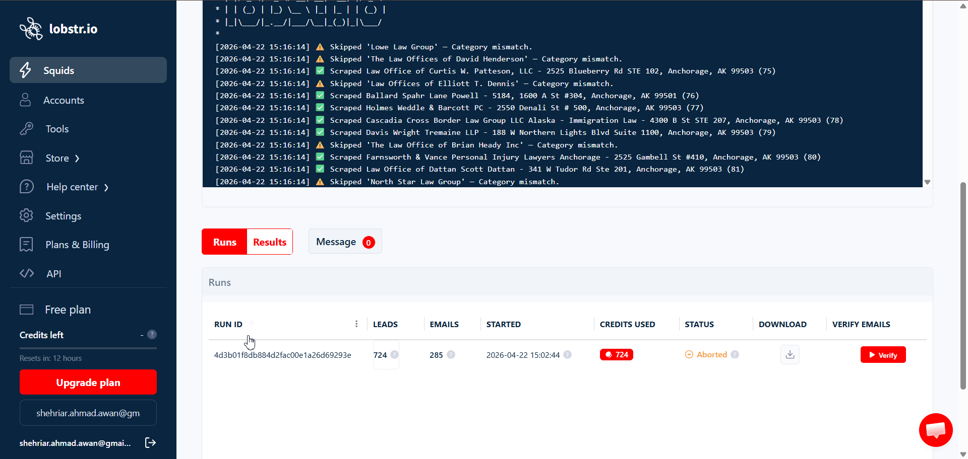 Tasks tab inside a run detail page — one row per task with result counts and done reason