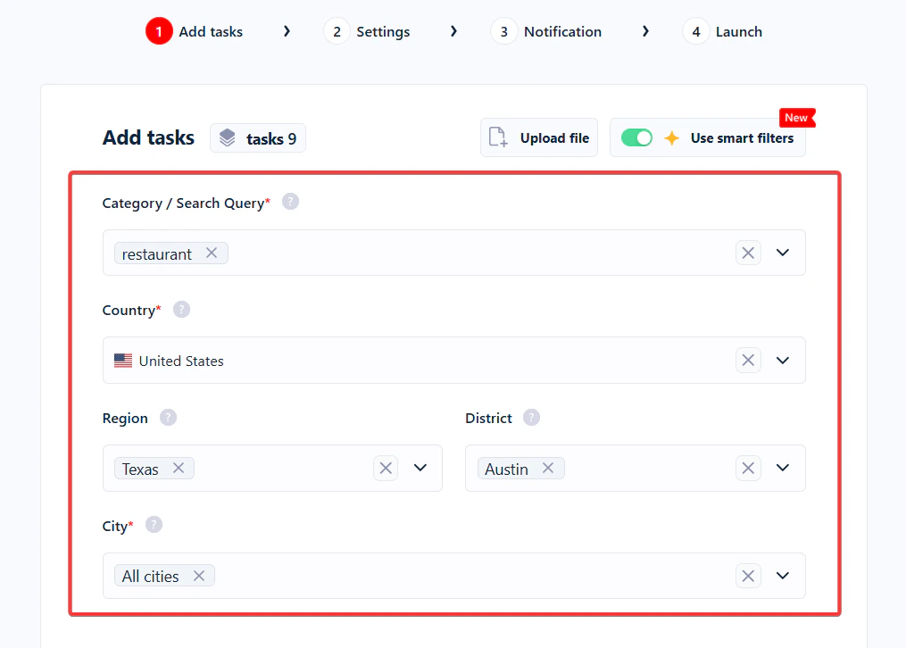 Adding tasks using structured params — Category, Country, Region, District, City