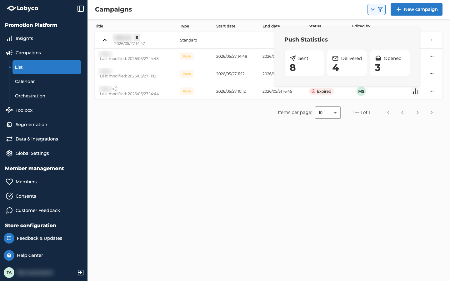 The Push Statistics popup on Campaigns, List, opened by pointing at the chart icon on a push's row under its campaign. It shows three cards: Sent 8, Delivered 4 and Opened 3. The campaign and push names are blurred.