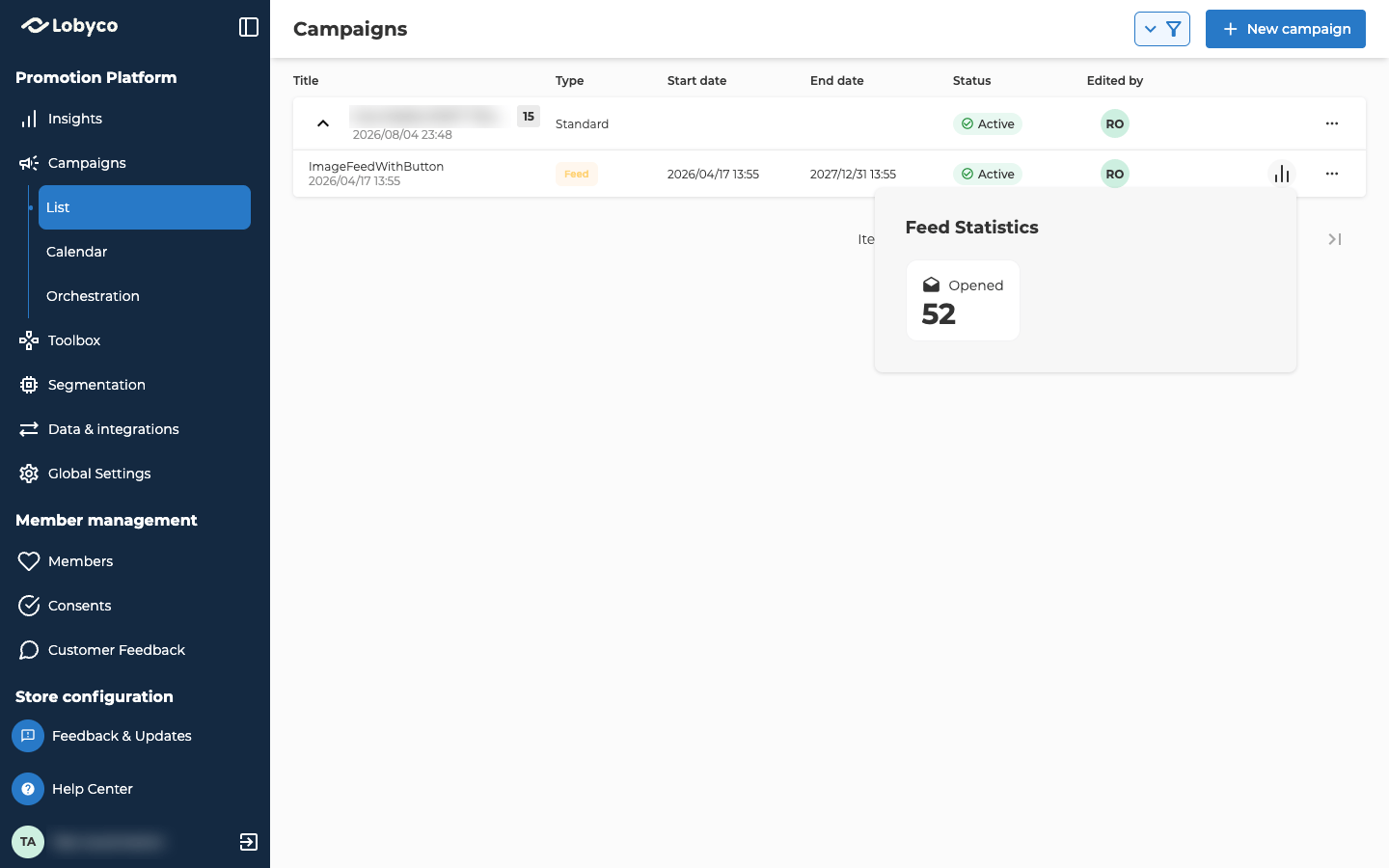The Feed Statistics popup on Campaigns, List, opened by pointing at the chart icon on the feed ImageFeedWithButton under its campaign. It shows one card: Opened 52. The campaign name is blurred.