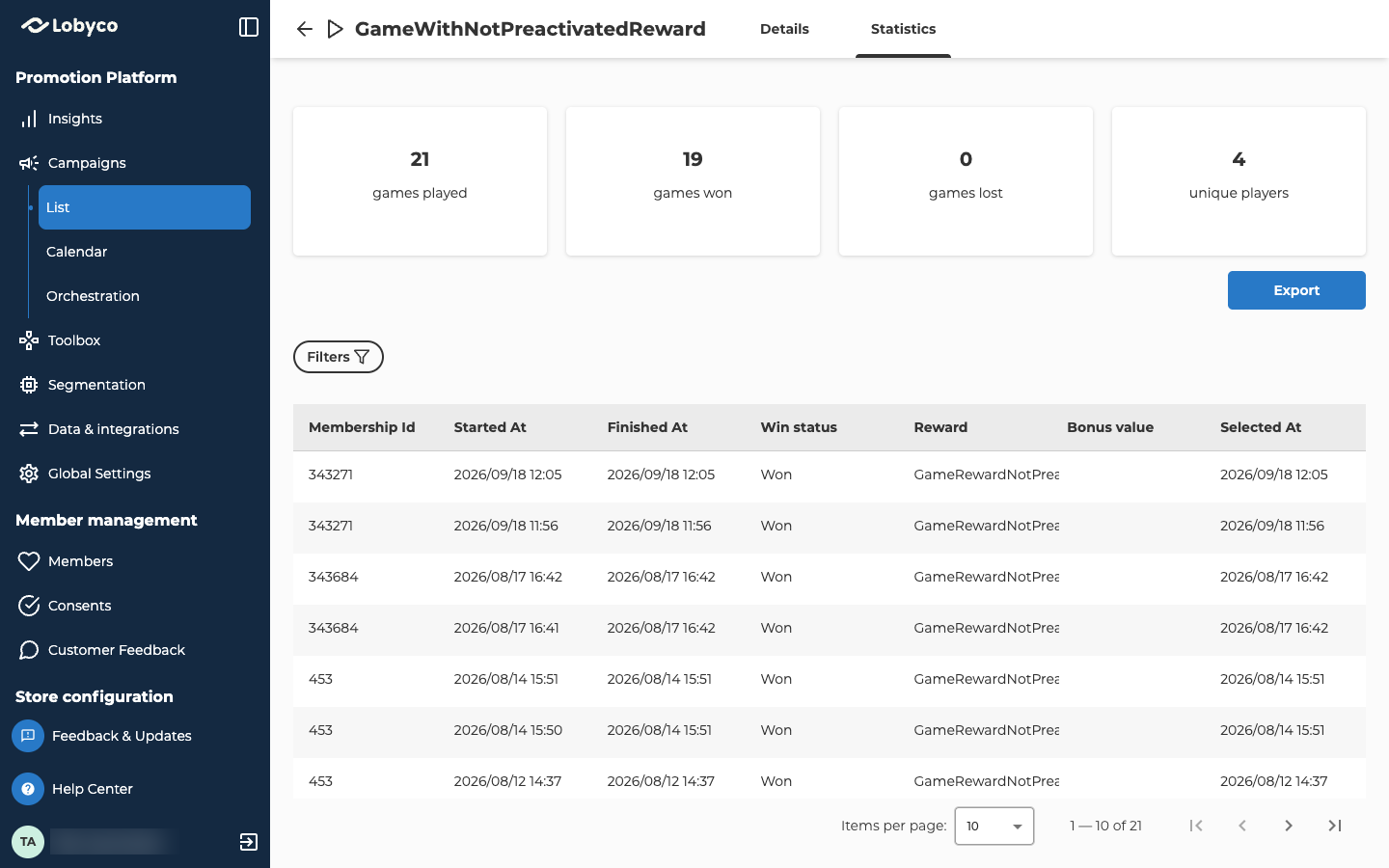 The Statistics tab of a test game called GameWithNotPreactivatedReward, open beside its Details tab. Four totals run across the top: 21 games played, 19 games won, 0 games lost and 4 unique players. Under them, Export sits on the right and Filters on the left. The attempts table has the columns Membership Id, Started At, Finished At, Win status, Reward, Bonus value and Selected At, newest first. Its seven visible rows are test customers such as 343271 and 453, each attempt Won, with the coupon reward GameRewardNotPreactivatedMMT cut short in the Reward column, Bonus value empty because the reward is a coupon, and Selected At filled in. The paginator at the bottom reads 1 — 10 of 21.