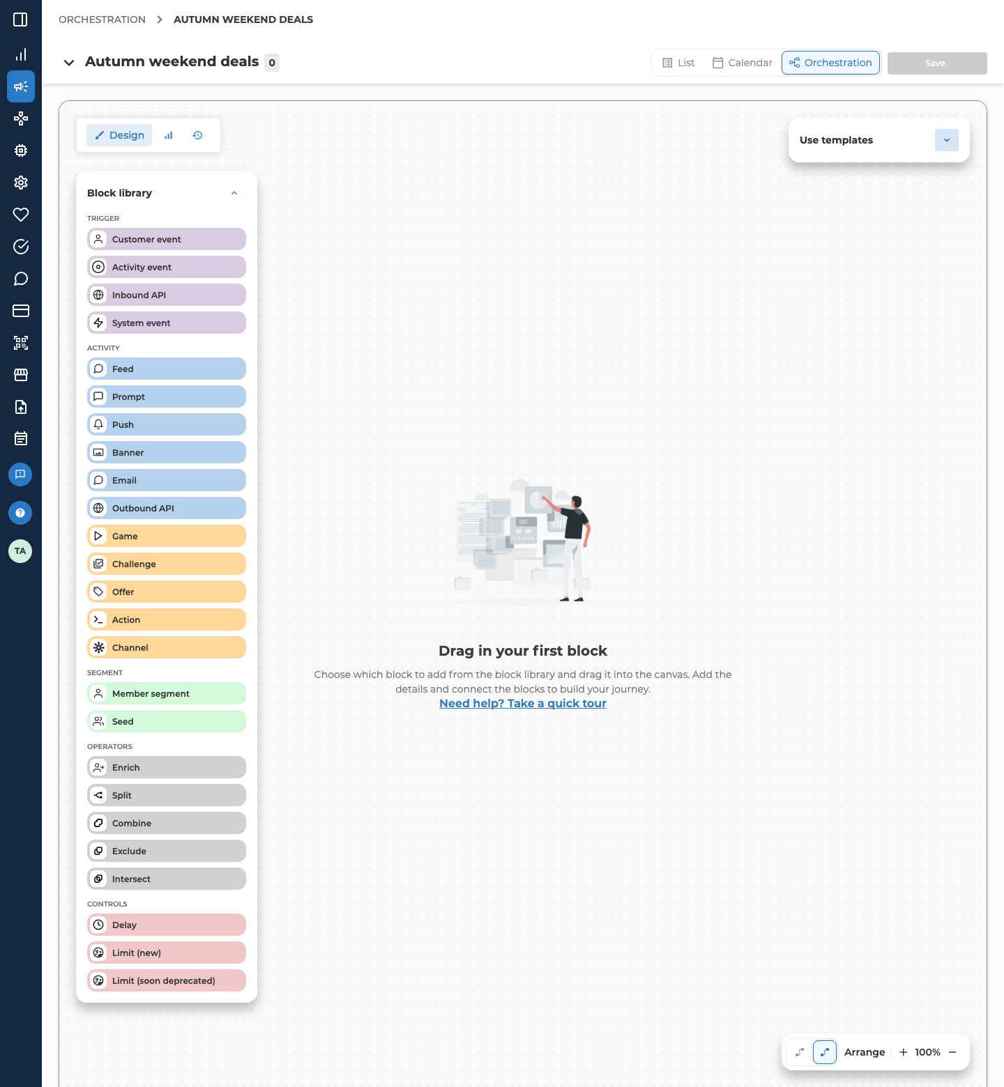 The Block library open on the canvas, with its groups in order: Trigger, Activity, Segment, Operators and Controls