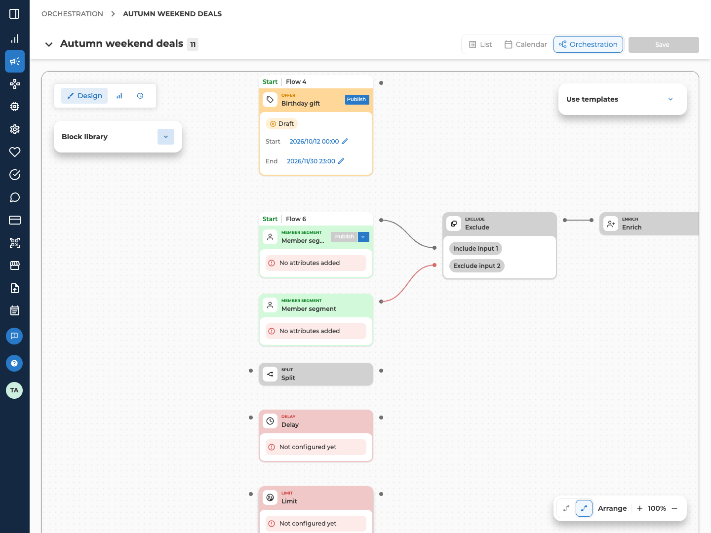 Two Member segment blocks linked to an Exclude block, one to Include input 1 and one, with a red link, to Exclude input 2