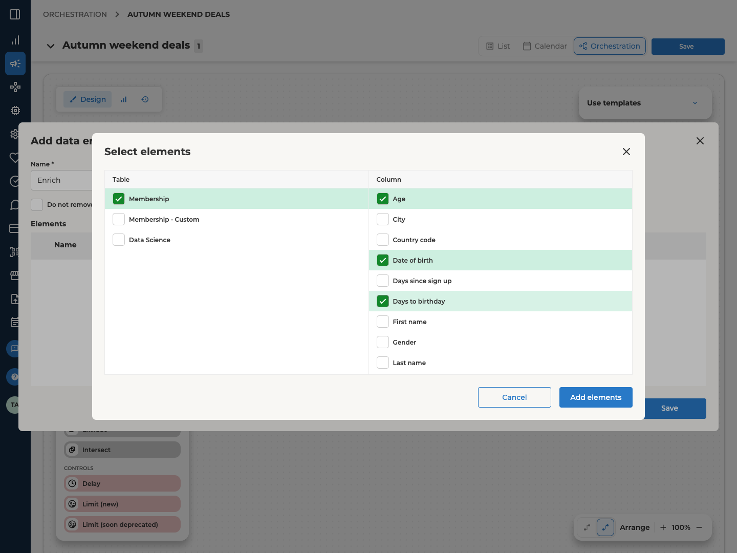 Select elements for an Enrich block, with the Membership table ticked, its Age, Date of birth and Days to birthday columns ticked, and Add elements at the bottom