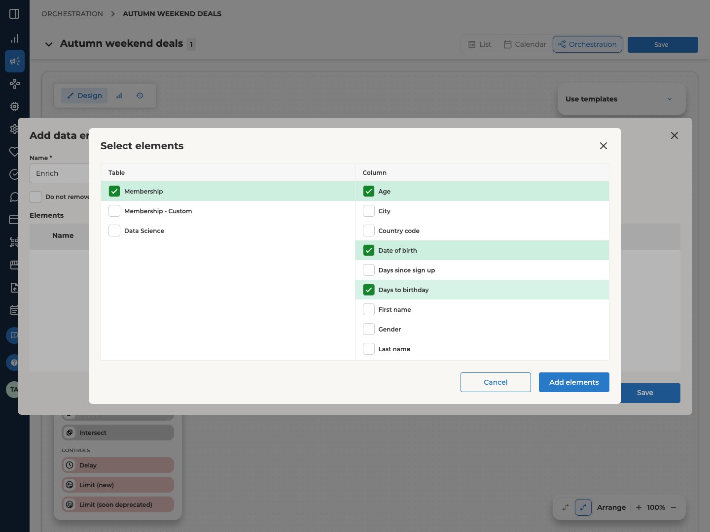 Select elements for an Enrich block, with the Membership table ticked, its Age, Date of birth and Days to birthday columns ticked, and Add elements at the bottom