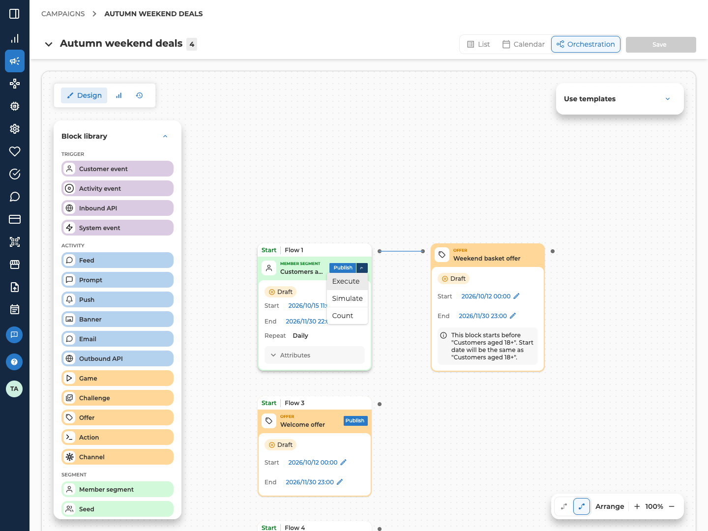 A flow's starting Member segment with the chevron beside Publish open on Execute, Simulate and Count