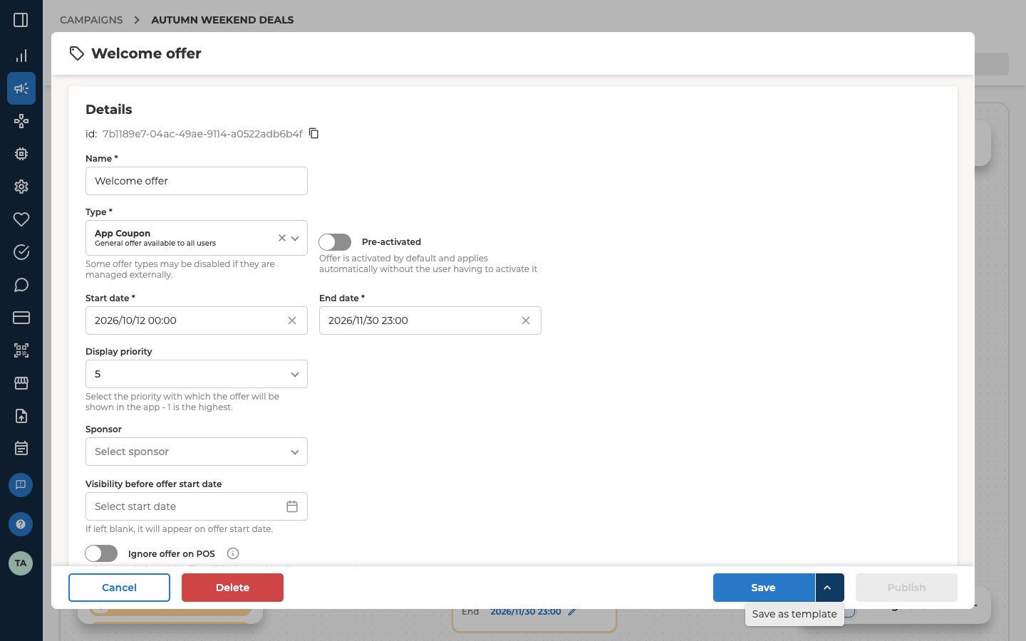The footer of a saved draft offer's form, with Cancel, Delete, Save and its arrow, and Publish, and the arrow's menu open on Save as template