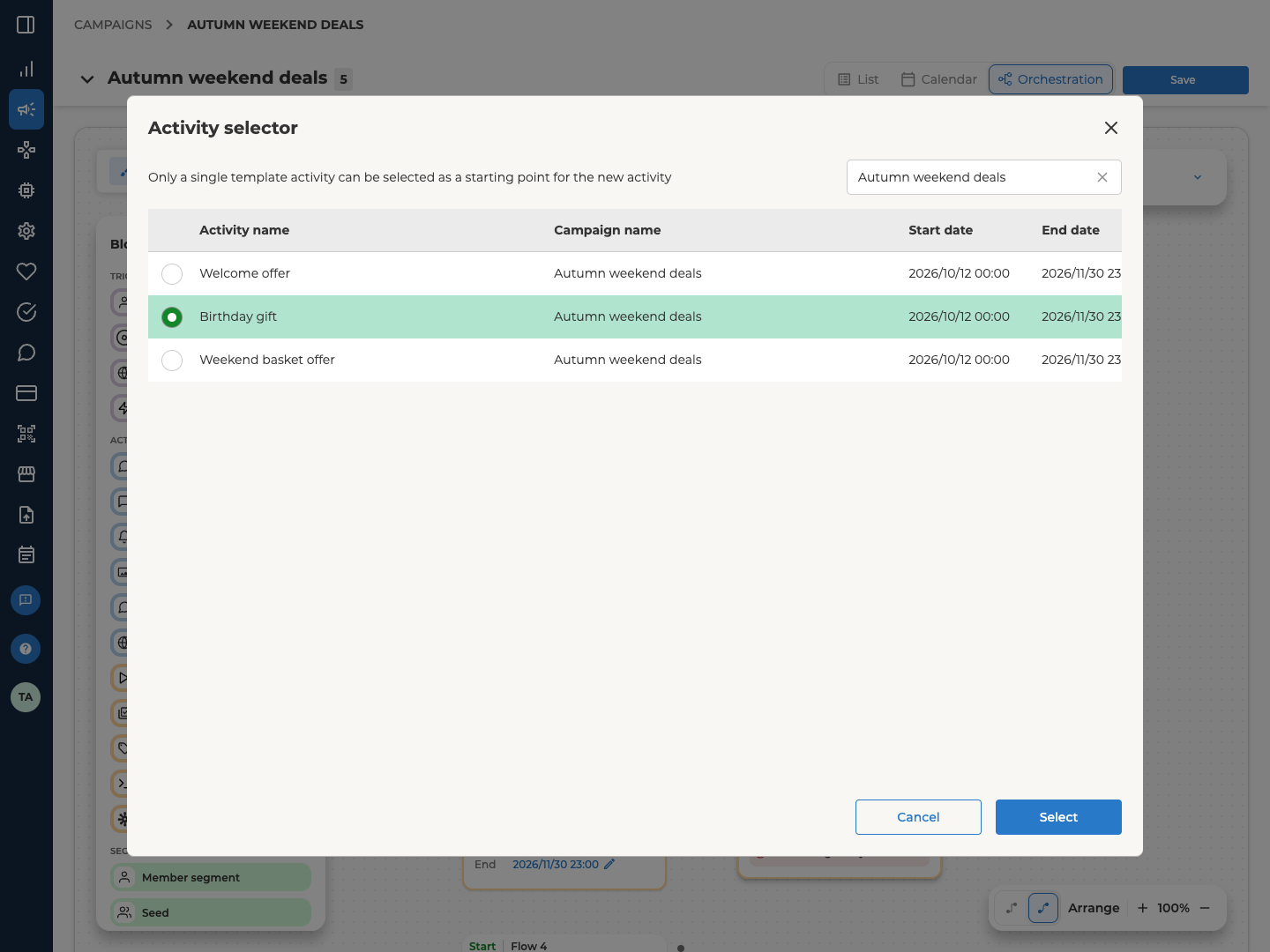 The Activity selector searched by campaign name, listing three offer templates with their Campaign name, Start date and End date, and one of them selected