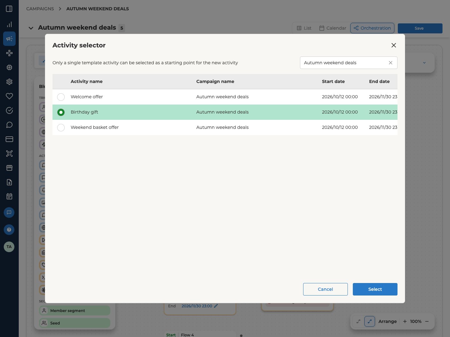 The Activity selector searched by campaign name, listing three offer templates with their Campaign name, Start date and End date, and one of them selected