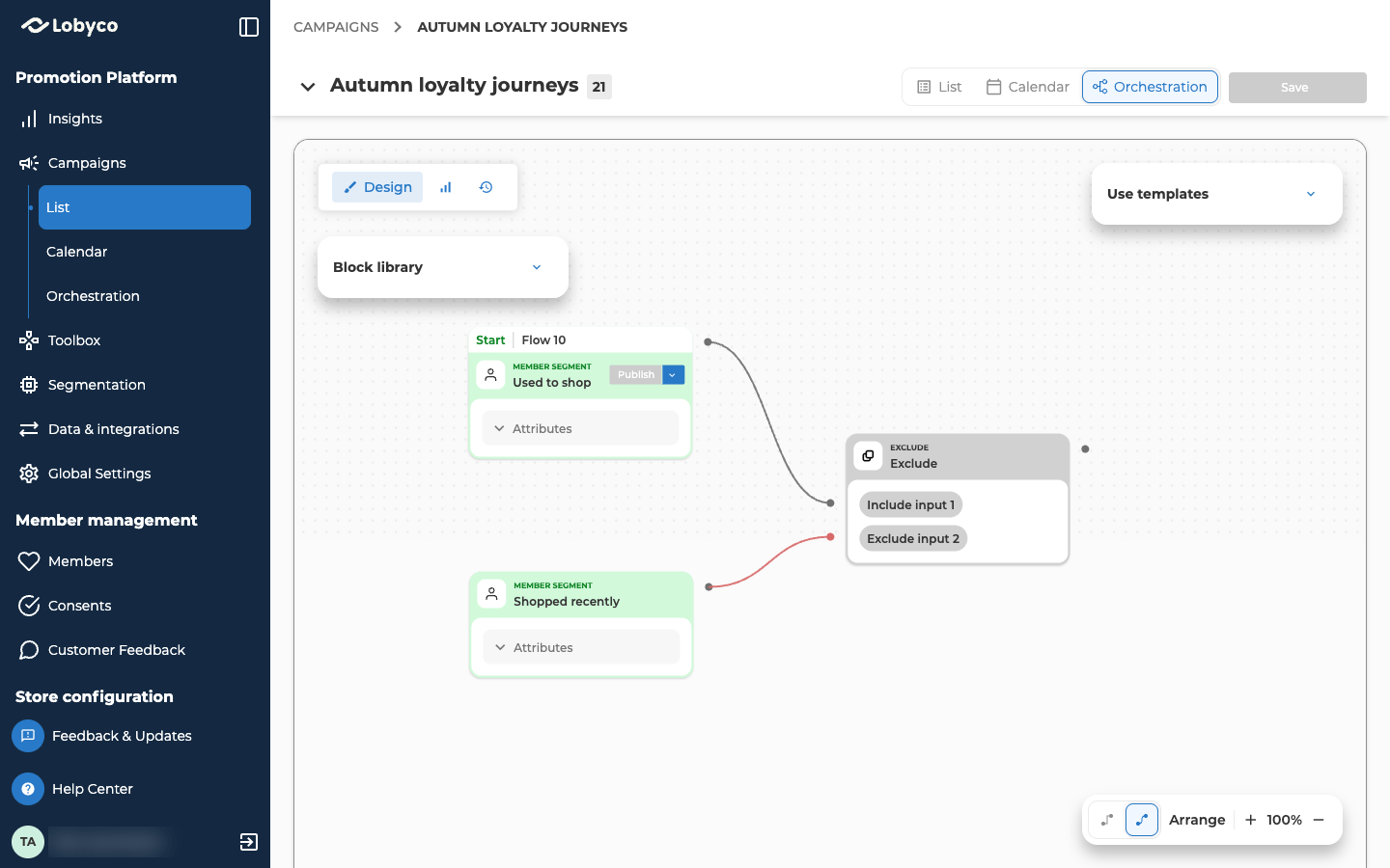 The Orchestration view of the campaign Autumn loyalty journeys, in Design mode at 100%, with the Block library and Use templates panels collapsed. On the left are two Member segment blocks. The top one, Used to shop, carries the Start tab for Flow 10 and a Publish button. The one below it, Shopped recently, has no Start tab. Both show a collapsed Attributes section. On the right, an Exclude block lists two inputs, Include input 1 and Exclude input 2. A grey link runs from Used to shop to Include input 1, and a red link runs from Shopped recently to Exclude input 2.