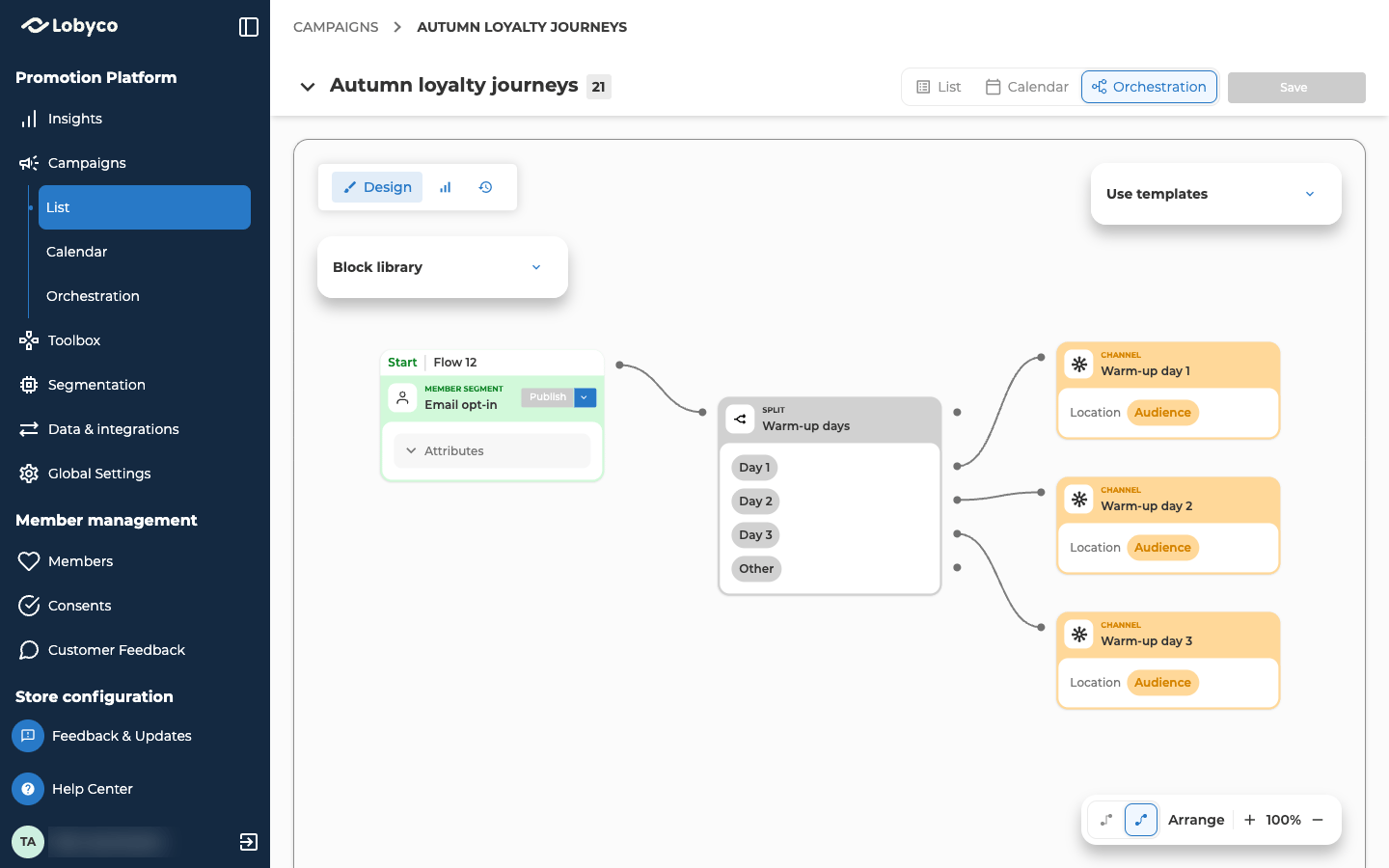 The Orchestration view of the campaign Autumn loyalty journeys, in Design mode at 100%, with the Block library and Use templates panels collapsed. On the left, a Member segment block named Email opt-in carries the Start tab for Flow 12, a Publish button and a collapsed Attributes section. It links to a Split block named Warm-up days, which lists four groups: Day 1, Day 2, Day 3 and Other. Day 1, Day 2 and Day 3 each link to their own Channel block on the right, named Warm-up day 1, Warm-up day 2 and Warm-up day 3, and each Channel shows Location set to Audience. Other has no link.