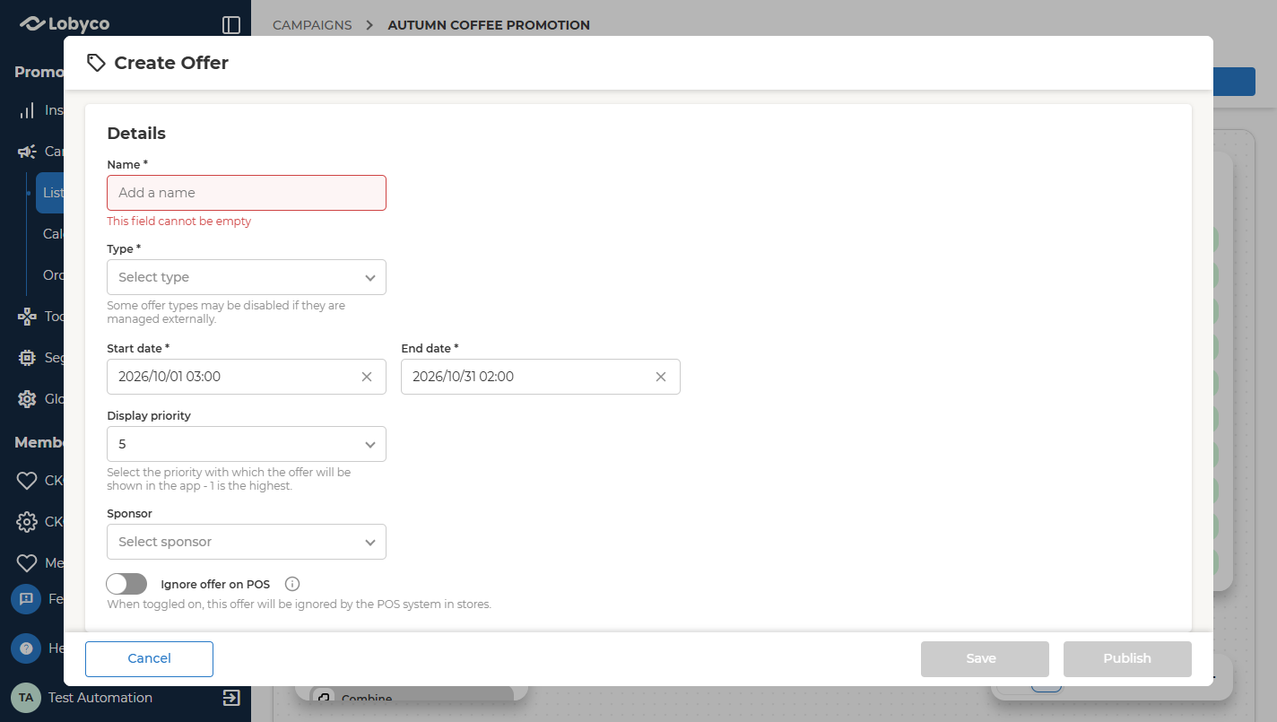 The offer form as it opens, before any field is filled