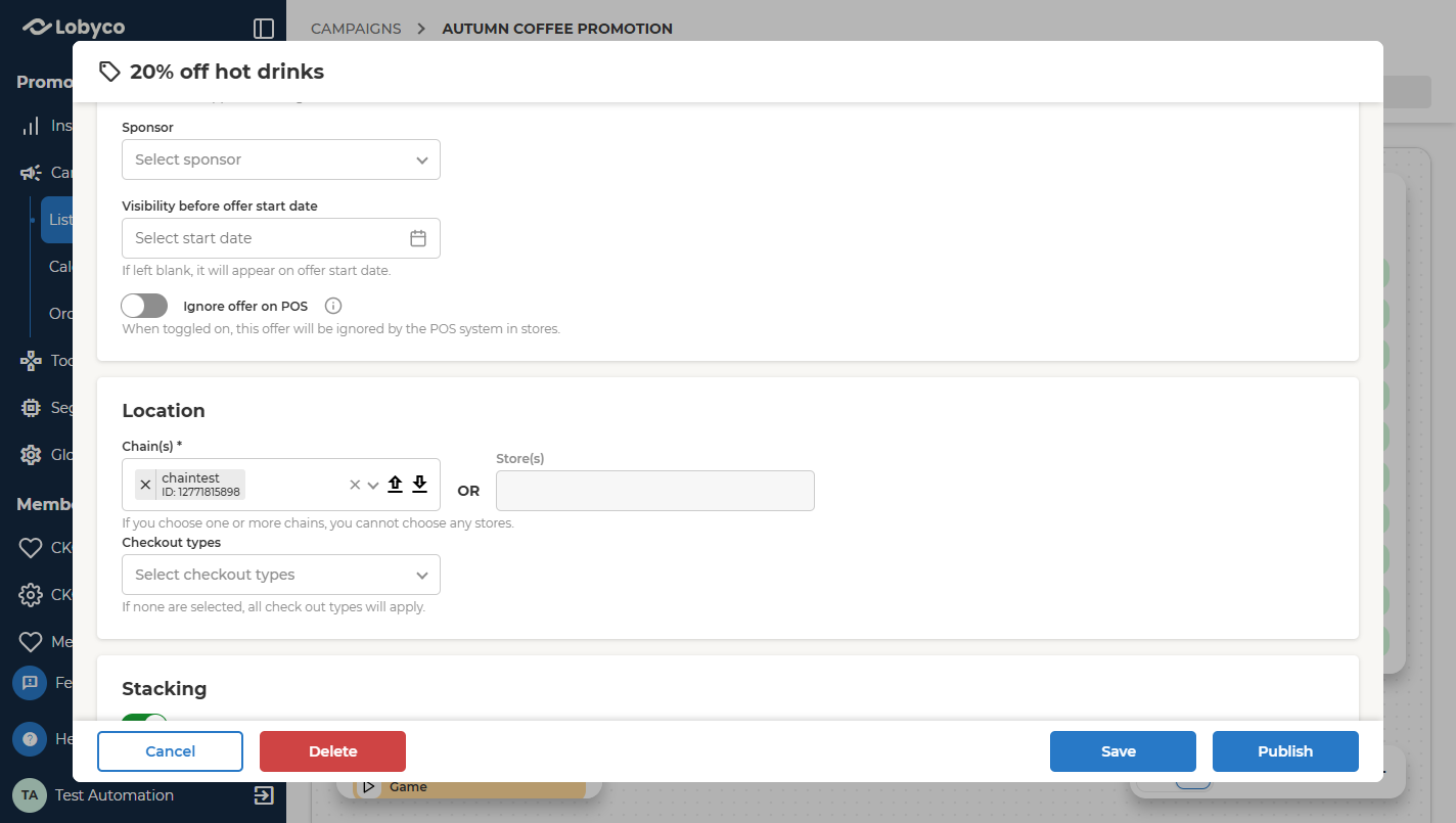 The Location panel with a chain selected and the Store(s) field disabled