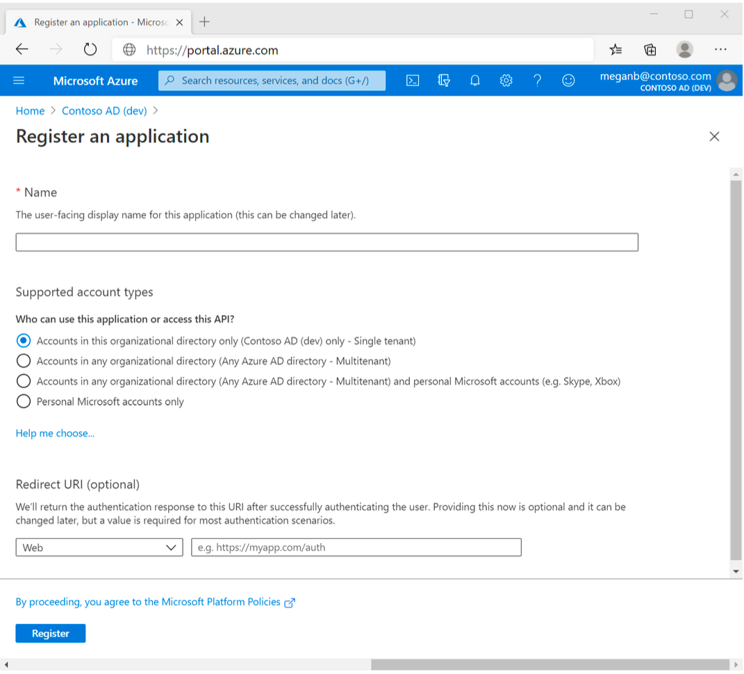 The Register an application form in the Azure portal: a name field, the supported account types with single tenant selected, and an optional redirect URI