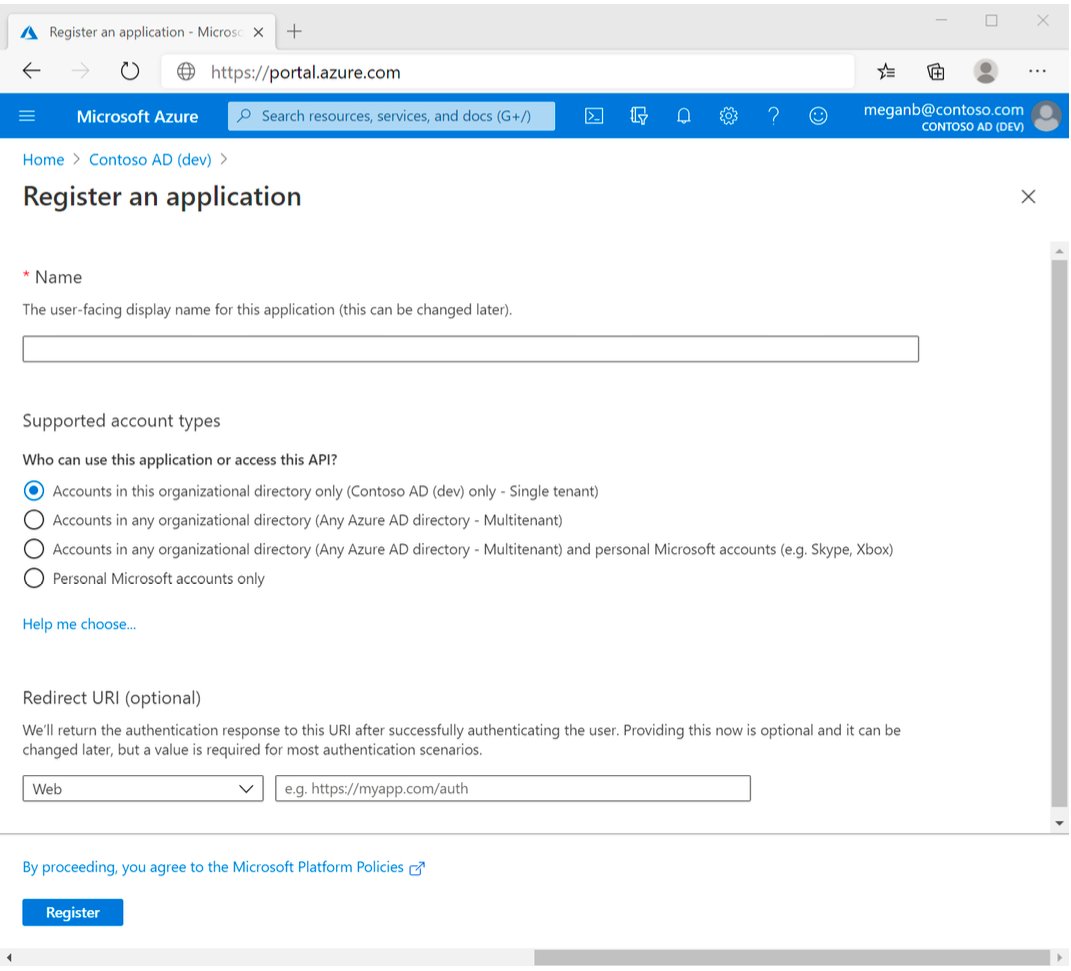 The Register an application form in the Azure portal: a name field, the supported account types with single tenant selected, and an optional redirect URI