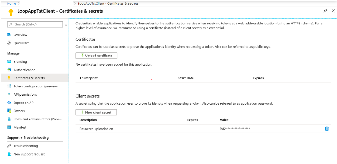 The Certificates & secrets page of the client app, with no certificates and one client secret listed