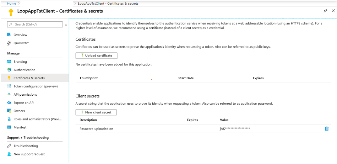 The Certificates & secrets page of the client app, with no certificates and one client secret listed