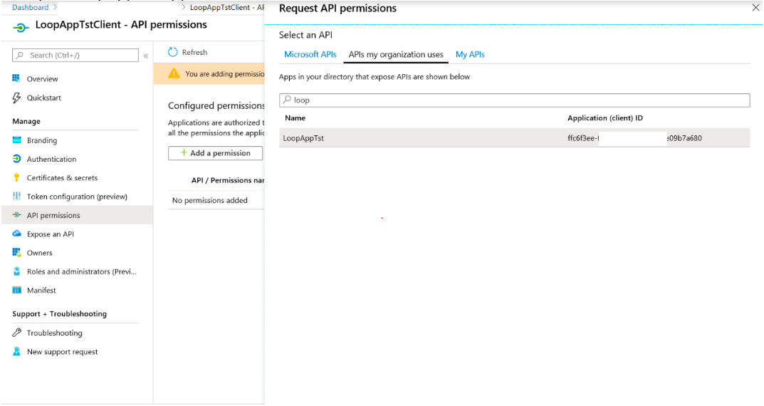 The Request API permissions panel on the APIs my organization uses tab, with a test app named LoopAppTst found by searching
