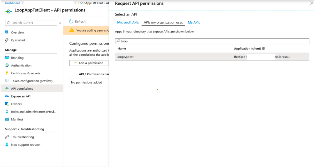 The Request API permissions panel on the APIs my organization uses tab, with a test app named LoopAppTst found by searching