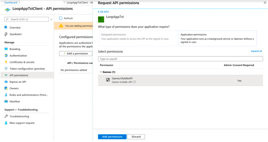 The application permissions of the test app, with the Games.MobileAPI role ticked and the Add permissions button below