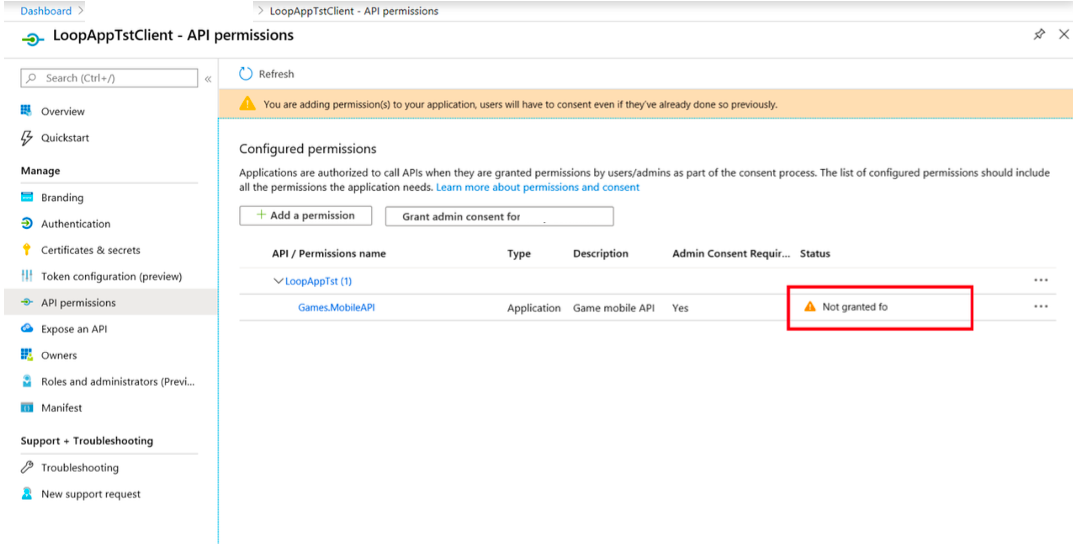 The configured permissions list of the client app, with the Games.MobileAPI permission marked Not granted