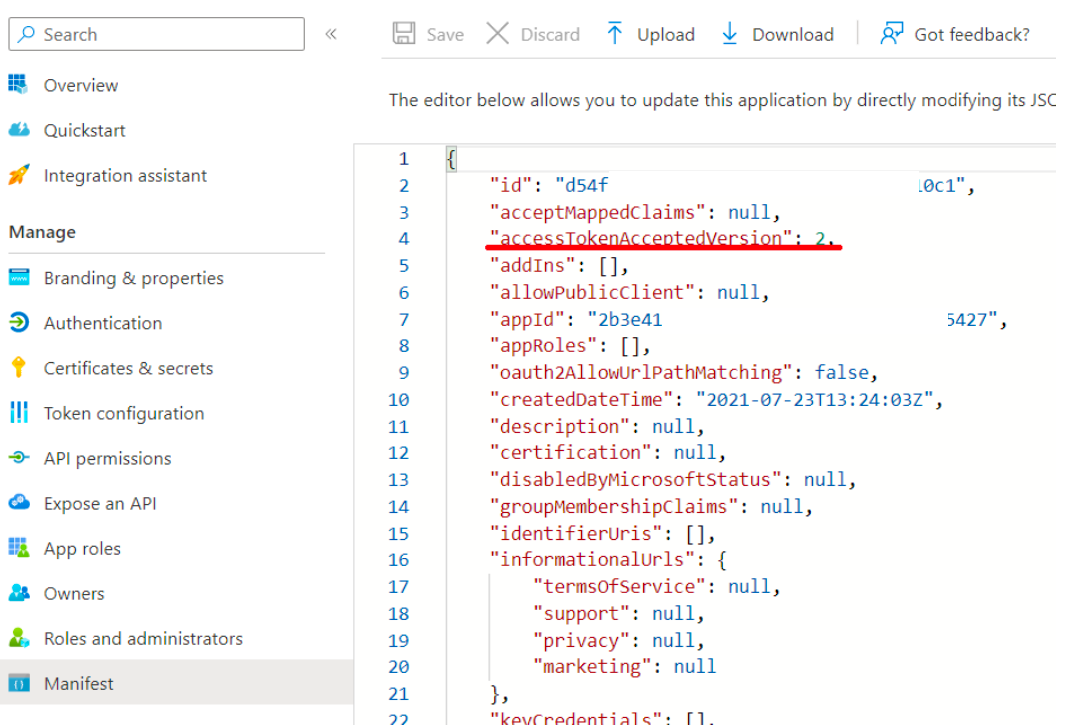 The app manifest editor with the accessTokenAcceptedVersion property set to 2