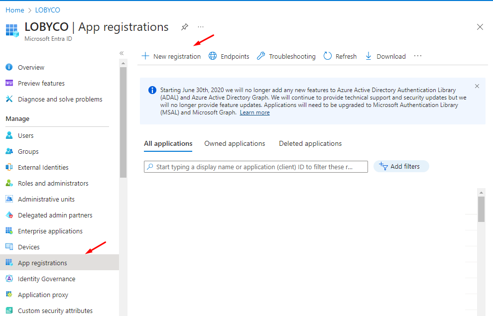 The App registrations page in Microsoft Entra ID, with arrows pointing at the App registrations menu item and the New registration button