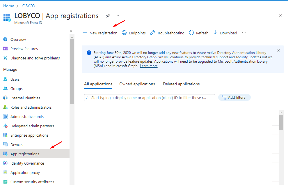 The App registrations page in Microsoft Entra ID, with arrows pointing at the App registrations menu item and the New registration button