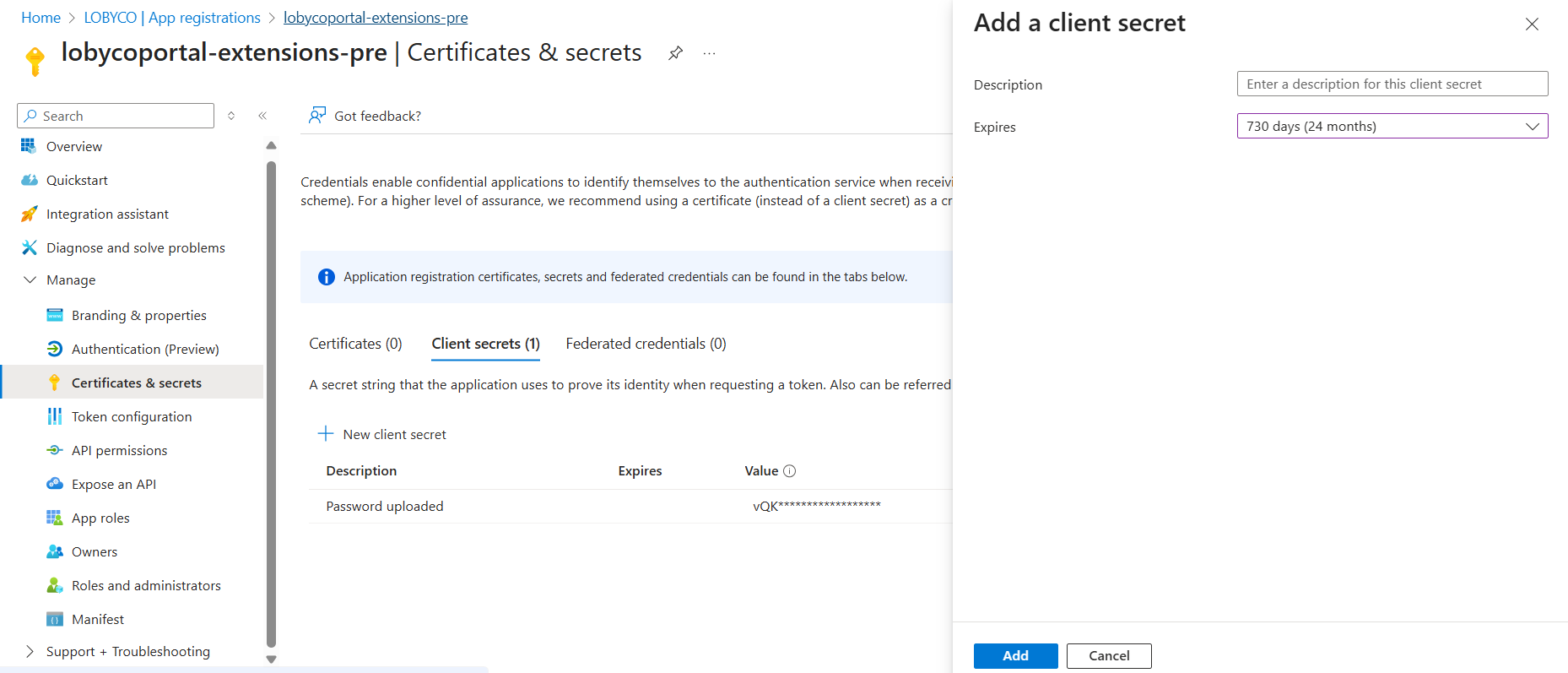 The Add a client secret panel of the extension app, with a description field and an Expires dropdown