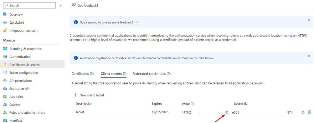 The client secrets list, with an arrow pointing at the copy button next to the secret value