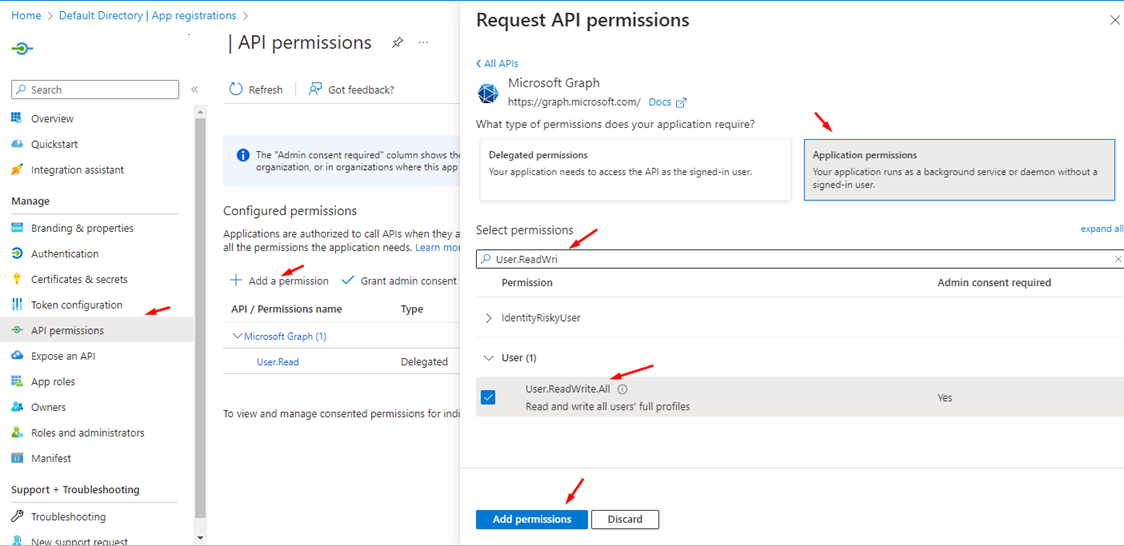 The Request API permissions panel for Microsoft Graph, Application permissions selected, with User.ReadWrite.All ticked