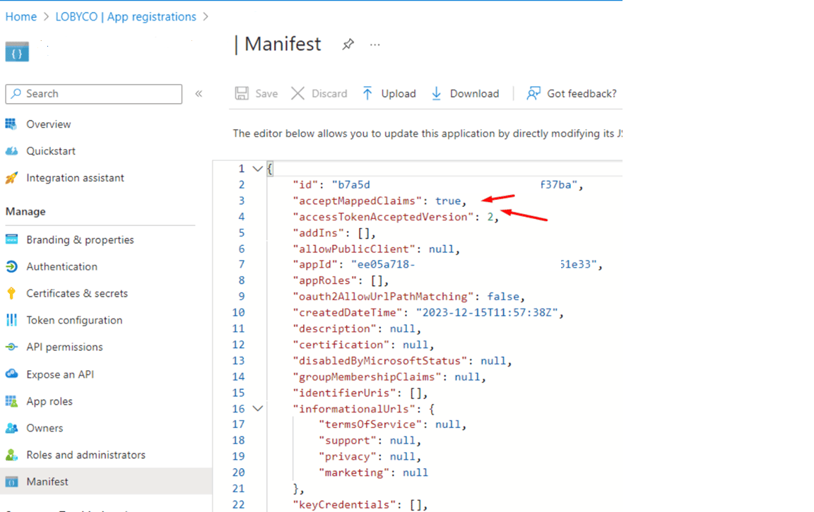The manifest editor of the extension app, with acceptMappedClaims true and accessTokenAcceptedVersion 2 marked with arrows