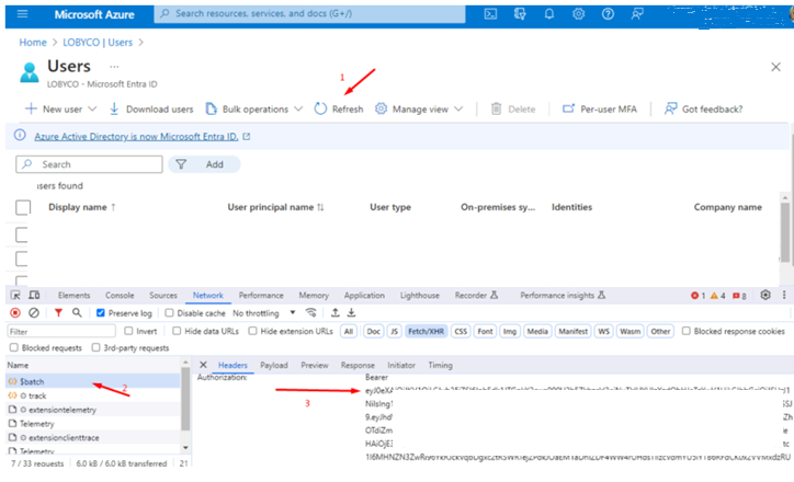 The Users page with the browser developer tools open on the Network tab, the $batch request selected and its Authorization header shown
