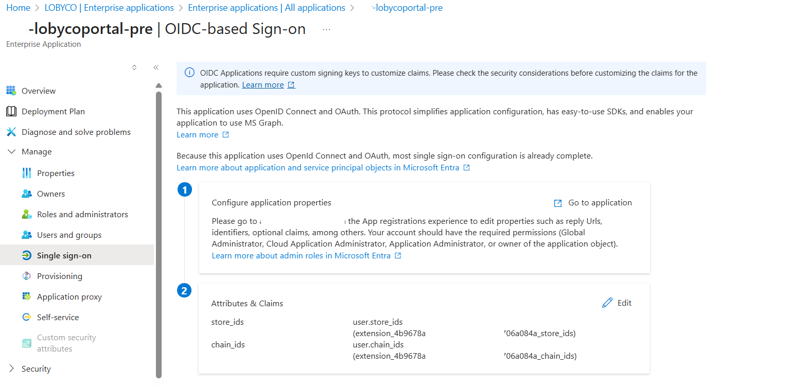 The OIDC-based sign-on page of the portal's enterprise application, with store_ids and chain_ids listed under Attributes & Claims