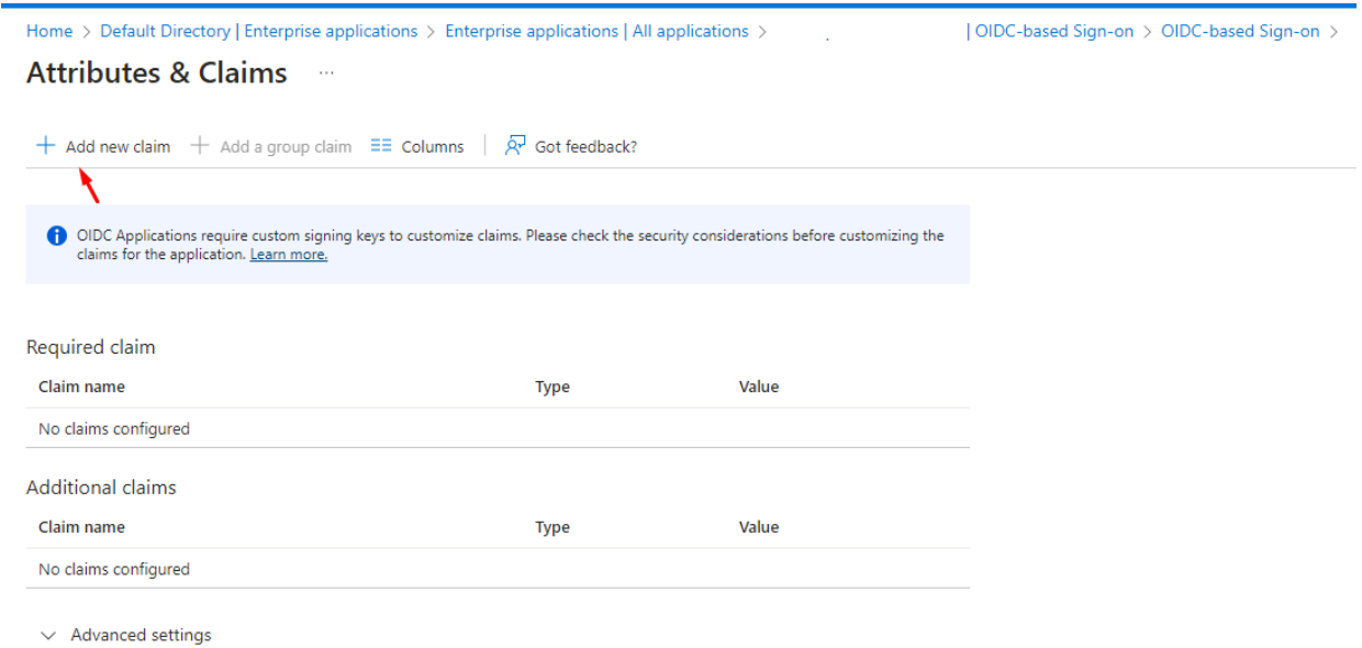 The Attributes & Claims page, with an arrow pointing at the Add new claim button