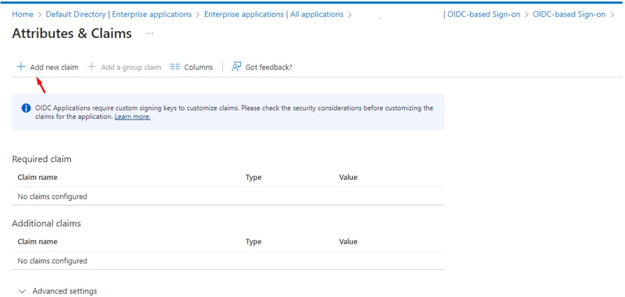 The Attributes & Claims page, with an arrow pointing at the Add new claim button