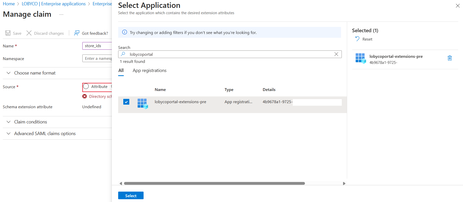 The Manage claim form, with the name store_ids and the source Attribute, and the Select Application panel showing the extension app selected