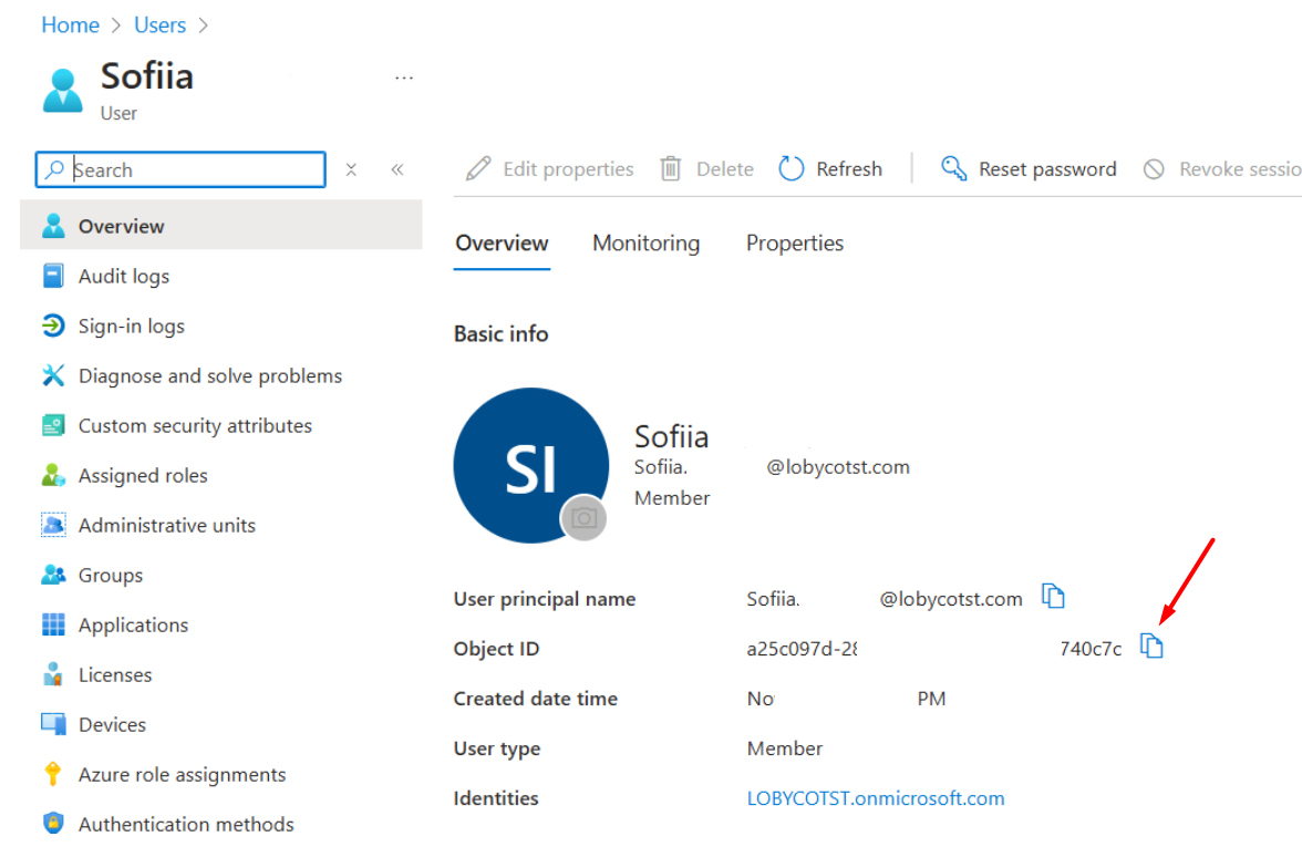A user's overview page in Microsoft Entra ID, with an arrow pointing at the copy button next to Object ID