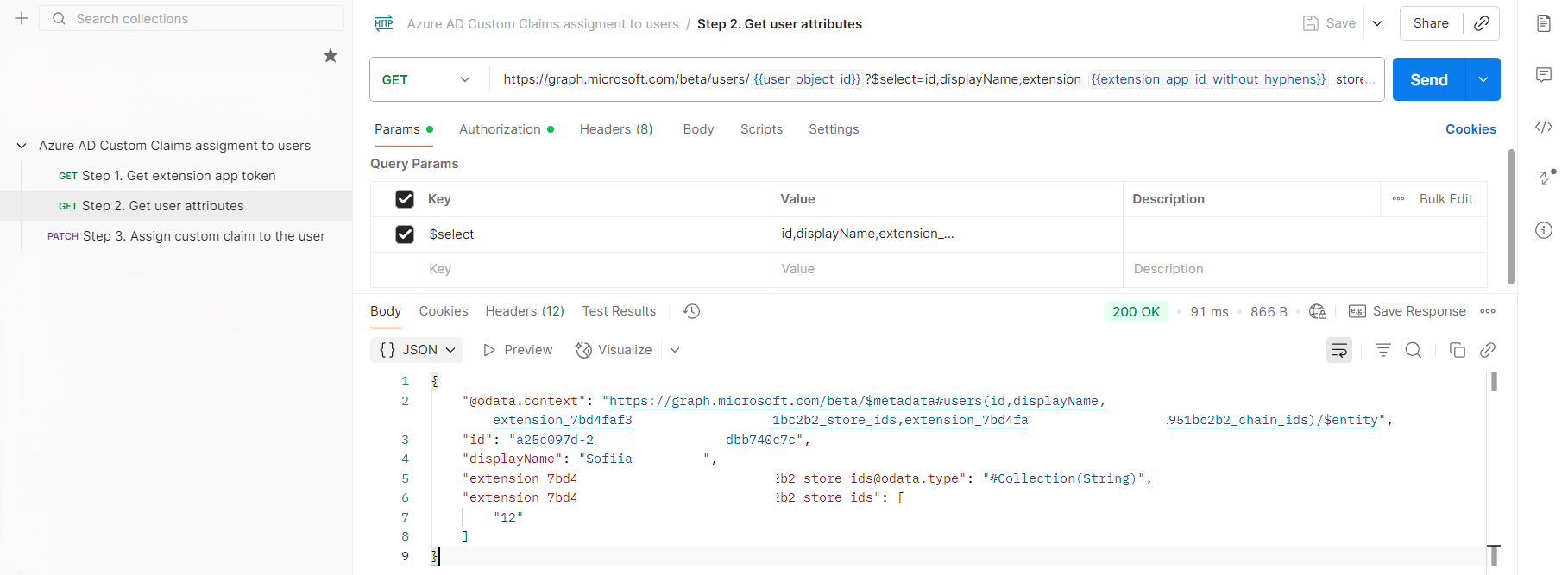 Postman, the Get user attributes request, with a 200 OK response that lists the store_ids extension property with one id