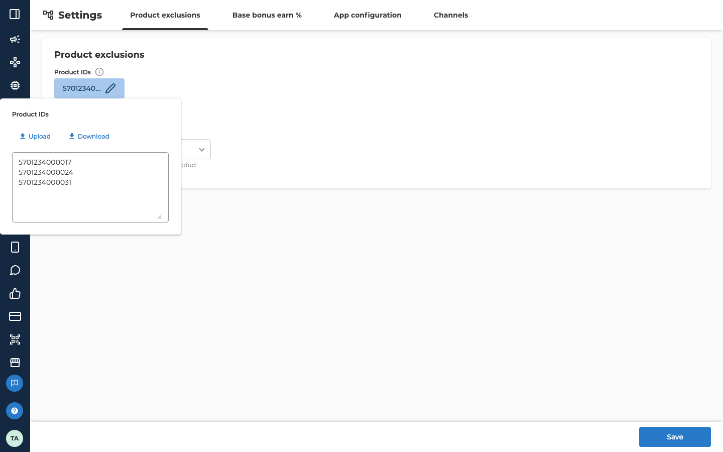 The Product exclusions tab with the Product IDs panel open below the Product IDs button. The panel has an Upload button and a Download button, and a text box holding three product IDs, one per line: 5701234000017, 5701234000024 and 5701234000031. Save is at the bottom right of the screen.