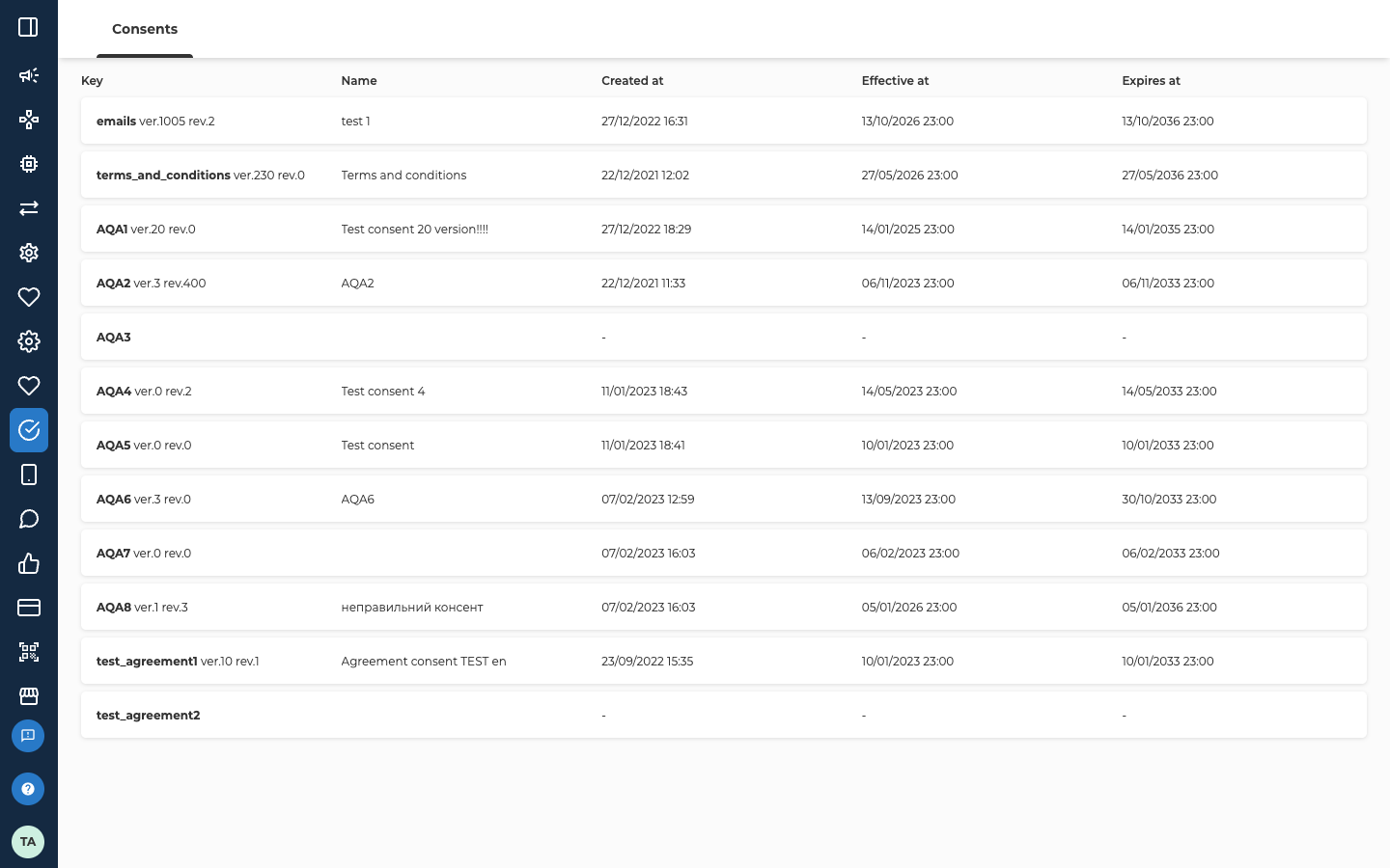 The Consents tab, listing consents in five columns: Key, Name, Created at, Effective at and Expires at. Each key is followed by its version and revision, for example terms_and_conditions ver.230 rev.0, named Terms and conditions, created 22/12/2021 12:02, effective from 27/05/2026 23:00 and expiring 27/05/2036 23:00. The rows AQA3 and test_agreement2 show only the key, with no name and a dash in each of the three date columns. The other rows are test consents.
