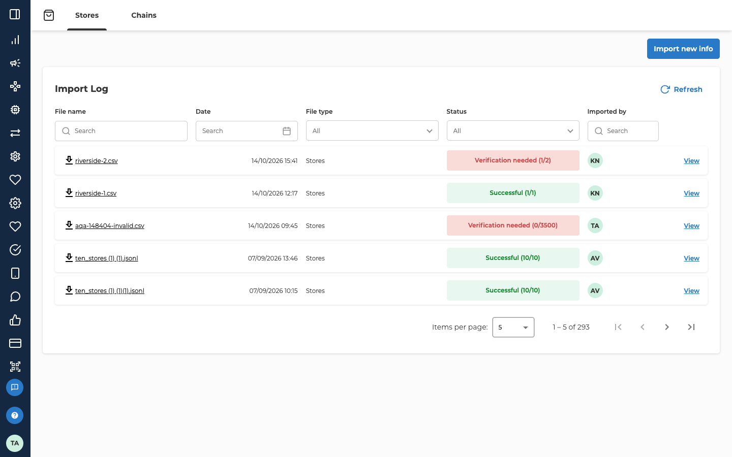 The Import Log for stores, opened with Import on the Stores tab. The Stores and Chains tabs are at the top and Import new info is at the top right. The Import Log panel has Refresh at its top right and the filters File name, Date, File type, Status and Imported by. Five rows show test files with the file type Stores: riverside-2.csv, Verification needed (1/2); riverside-1.csv, Successful (1/1); aqa-148404-invalid.csv, Verification needed (0/3500); and two ten_stores files, Successful (10/10). Each row shows its date, the initials of who imported it and a View link. Items per page 5 and 1 – 5 of 293 are below the list.